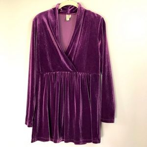 Sahalie Purple Velvet Top Long Sleeve Peplum V-neck